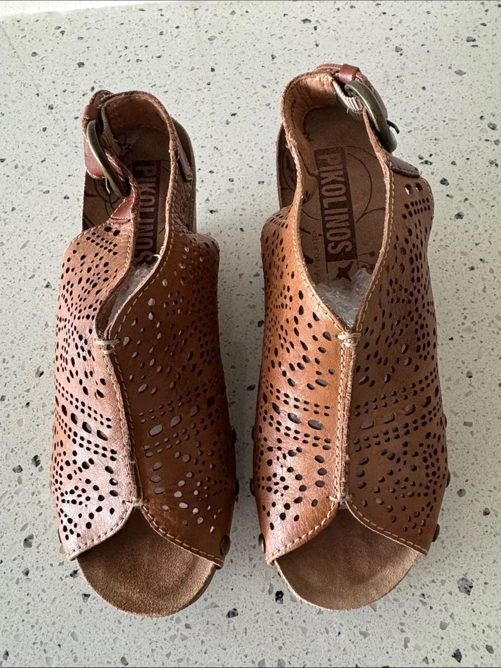 PIKOLINOS Brown Perforated Leather Wedge Sandals Boho Casual Comfortable Size 36
